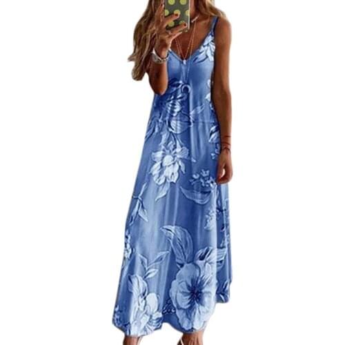 Female Sleeveless Spaghetti Strap Floral Printed Dress Summer Women Boho Casual Loose Beach Long Dresses