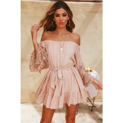DUISNENA long boho dress white casual women dresses off shoulder flare sleeve hollow out sexy slash neck mini summer vestidos