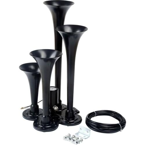 12V DC Super Loud 4/Four Trumpet Air Horn with Electric Solenoid, Loud 150db (Black)