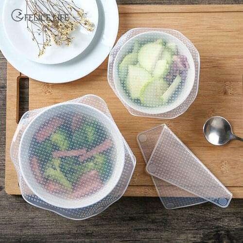 4Pcs Food Grade Silicone Wrap Food Fresh Keeping Saran Lid High Stretch Seal Vacuum Container Cover Storage Lids Kitchen Tool