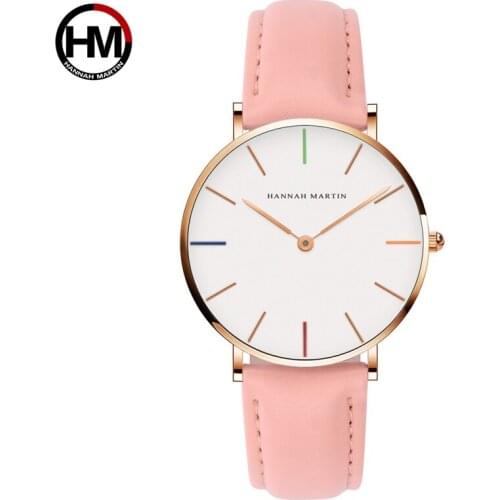 HANNAH MARTIN Luxury Leather Womens Watches Ladies Dress Watch Quartz Wristwatches Waterproof Relogio Feminino Clock Gift Pink