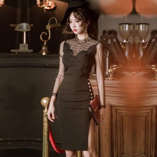 Black High Waist Tight Dress 2021 Spring Sexy Perspective Lace Side Single Row Decorative Button Split Elegant Party Dress
