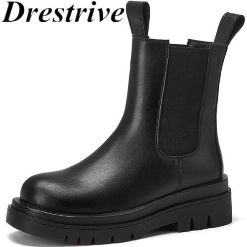 Drestrive Women Women Snow Boots Black 2020 Winter Shoes Round Toe Split Leather Non Slip Ankle Boots Low Heels Platform