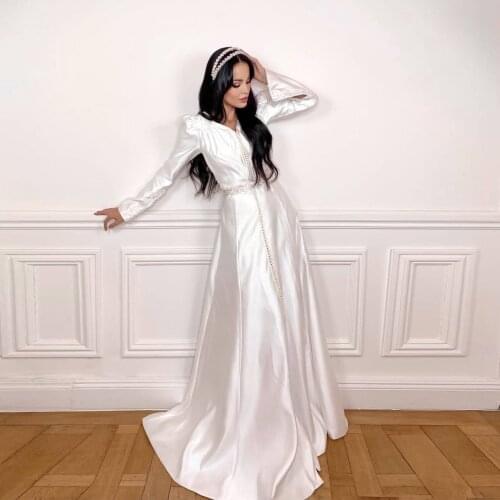Exquisite Elegant White Moroccan Caftan Evening Dress Floor Sleeves V-Neck Mermaid Dresses Summer Dress Dubai Muslim Prom Dress