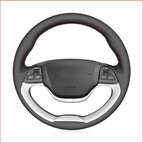 MEWANT Black Genuine Leather Car Steering Wheel Cover for Kia Morning 2011-2016 Picanto 2012 2013 2014 2015