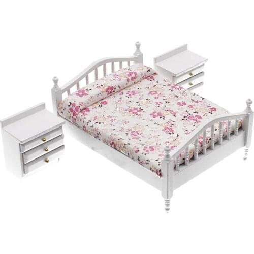 Dollhouse Bedroom Furniture Miniature 1/12 Bed Set Wooden Bedside Cabinet Simulation Furniture Kids Pretend Play Toys