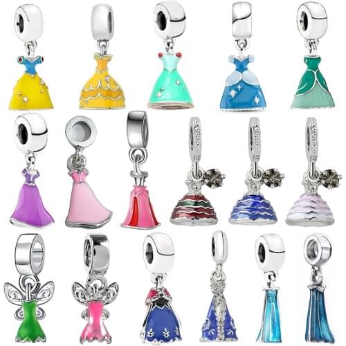 Fine Enamel Disny Princess Dress Pendant Pulsera DIY Fit Original Pandora Charm Bracelet Women Skirt Beads for Jewelry Making