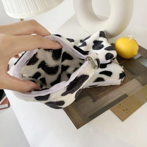 Cute Milk Cow Print Mini Coin Purse Money Change Plush Storage Bag Zipper Wallet F3MD