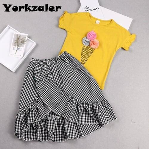 Girls Fashion Clothes Set Short Sleeve Ice Cream Flower Shirt & Plaid Skirt Children Clothing Set Baby Girl Summer Kids Outfits