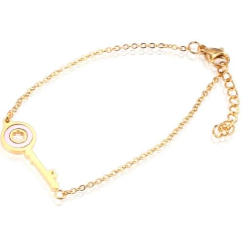 RIR Fashion Simple Friendship Gift Bracelet & Bangle Stainless Steel Minimalist Key Shape with Round Opal Pendant For Women