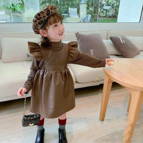 2021 Autumn Winter New Girls' Leather Skirt Set Childrens Two Piece Set Striped Baby Girl Clothes Casual Dress Long Sleeve Top