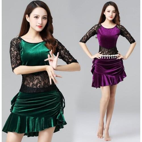 New female dance dress samba ball gown sexy floral party dresses lace velvet latin costume 2 pieces set top + skirt