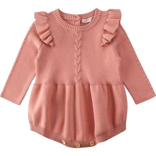 Newborn Baby Girl Boy Outfits Knit Long Ruffle Sleeve Sweater Romper Autunm Spring Warm Clothes Button Tops