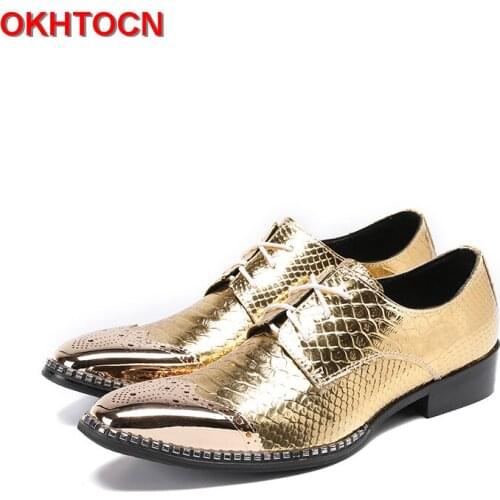 OKHOTCN Gold Leather Lace Up Men Oxford Shoes Snake Pattern Mens Party Dress Flats Shoes Spring Autumn Casual Brogues Shoes
