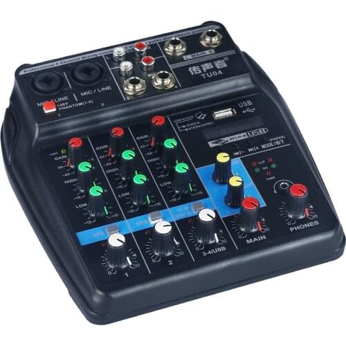 TU04 Professional BT Sound Mixing Console 4 Channels Audio Mixer Record 48V Phantom Power Monitor AUX Paths Plus Effects
