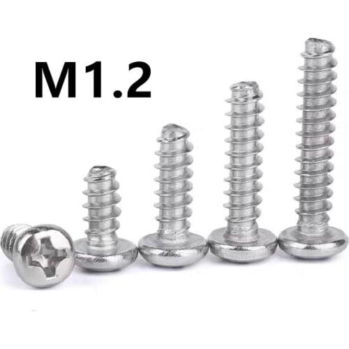 200PCS M1.2x3/4/5/6mm PB 304 Stainless steel Cross Round Head Flat Tail Self-tapping Screw