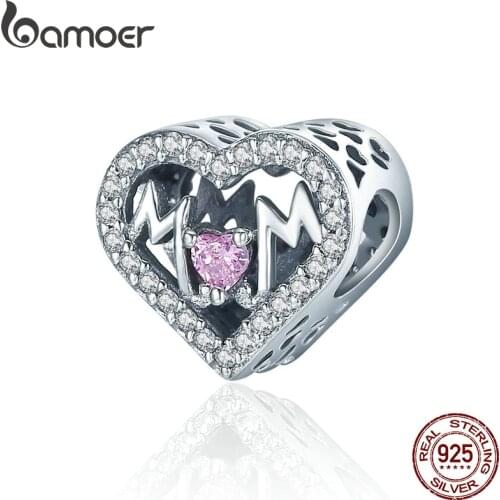 BAMOER Authentic 100% 925 Sterling Silver Heart MOM Letter Clear CZ Charm Fit Charm Bracelet DIY Jewelry Mother Gift SCC395