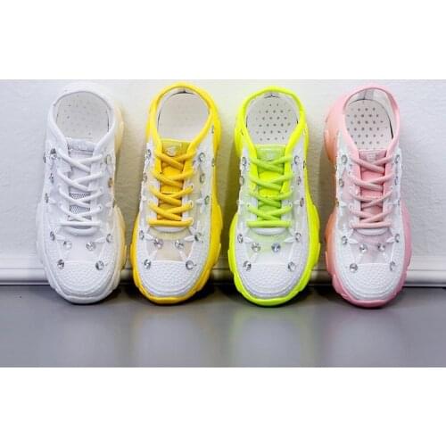 Rhinestone Platform Muffin Wedge Hollow-out Lace up Daddy Shoes Sneakers Large Size White Shoes