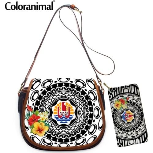 Coloranimal New Style Girls PU Leather Crossbody Bag Tahiti Polynesian Tropical Hibiscus Printing Women Shoulder Bag 2Set Bolsa
