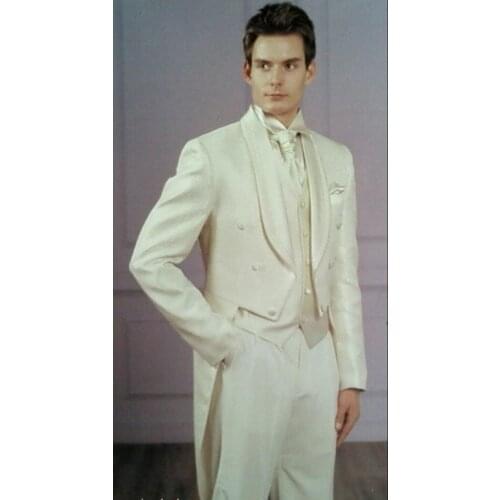 Dark Ivory Groomsmen Tailcoat Style Groom Tuxedos Shawl Lapel Men Suits Wedding Best Man Blazer ( Jacket+Pants+Vest+Tie ) C221