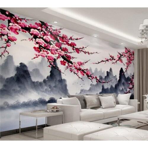 Beibehang Custom Nonwovens Wallpaper Mural New Chinese Ink Landscape Plum Blossom TV Wall Decorative Painting