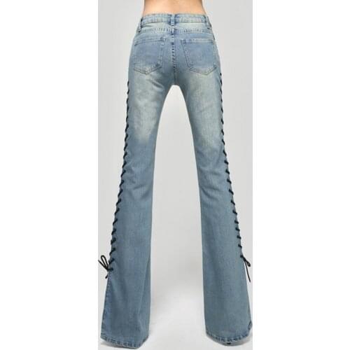 Flare Full Length Jeans Pants New Fashion 2020 Sex Bandages Split Side Denim Pants For Women Trousers Work Wear LX1845