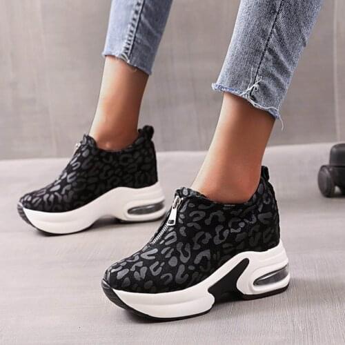 Platform Sneakers For Women Chunky Wedge Shoes Fashion Leopard Printed Casual Shoes 4cm High Woman Zipper Vulcanized Shoes