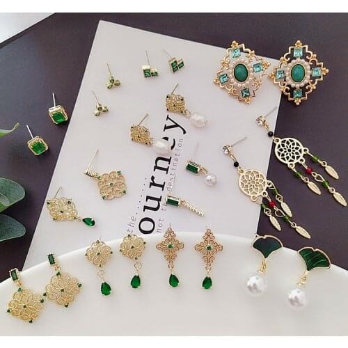 2020 Vintage Green Crystal Earrings For Women Girl Geometric Square Pearl Hollow Flower Earring Fashion Trendy Jewelry