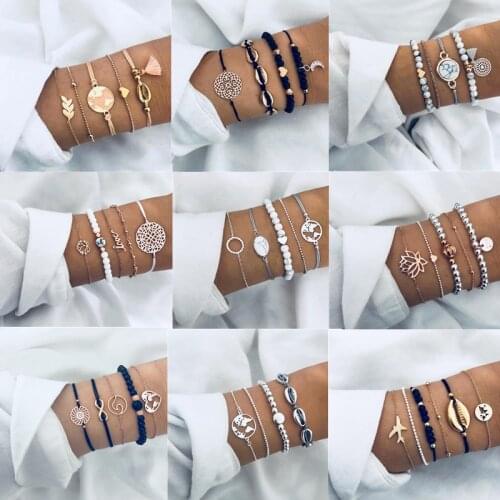 5Pcs/set Bohemian Gold color Moon Leaf Crystal Opal Open Bracelet Set for Women Punk Boho Beach Bangle Jewelry Gift