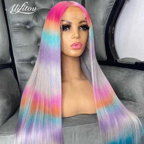 ALIFITOV Rainbow Ombre Lace Front Wig Silky Straight Wig With Baby Hair pre plucked Colored Human Hair Wigs for Women