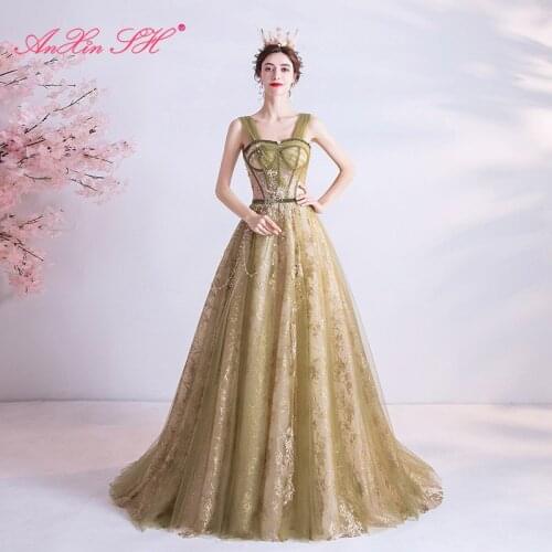 AXJFU princess sparkly Crystal Golden flower lace Bride Toast beading dinner party annual meeting performance evening dress 261