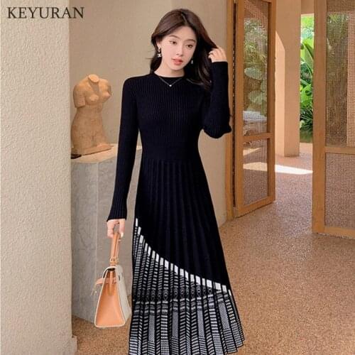 Black Houndstooth Long Knitted Pleated Dress Women Autumn Winter Slim Patchwork A-Line Bottoming Sweater Dresses Femme