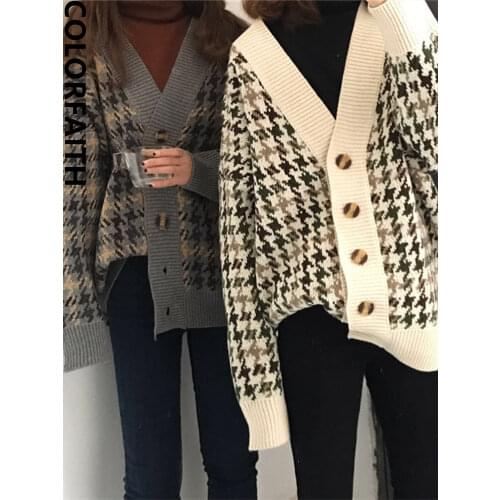 Colorfaith New 2021 Autumn Winter Womens Sweaters Buttons Cardigans Plaid Harajuku Oversize Korean Knitted Lady Tops SWC1203JX