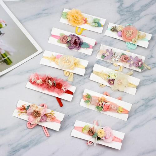 Newborn Baby Pearl Flowers Nylon Headbands for Kids Girls Infant Accessories Floral Lace Headwear Cute Princess Hair Band Gift