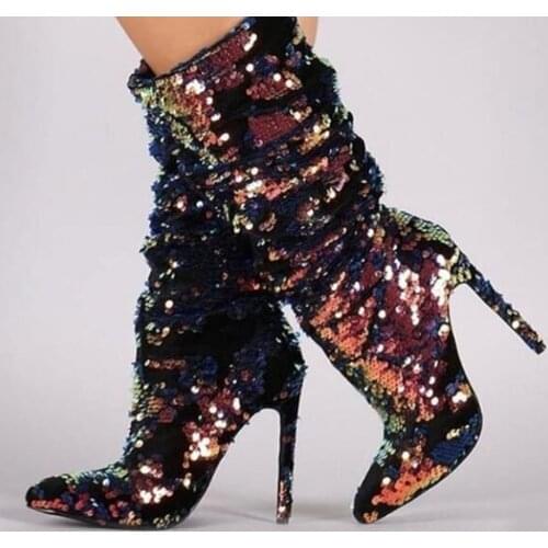 Doratasia 2020 Dropship Sexy Big Size 47 Bling Sequined Fetish High Heels Party Pointed Toe mid-calf Boots Women Shoes Woman