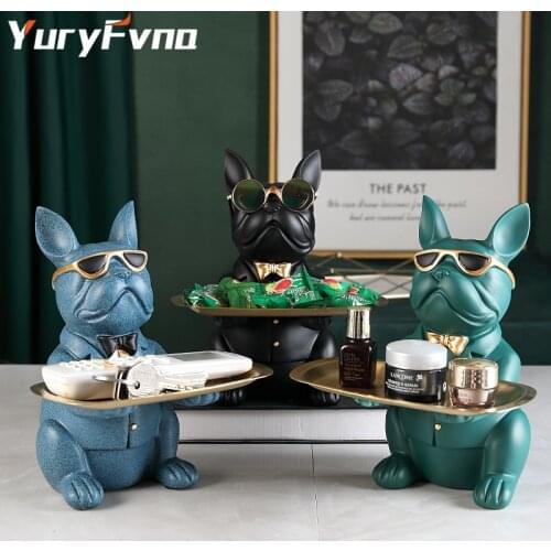 YuryFvna French Bulldog Figurine with Tray Sculpture Desk Storage Statue Decorative Coin Bank Home Room Decoration