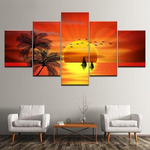 Canvas Painting orange sunset with bird boat 5 Pieces Wall Art Painting Modular Wallpapers Poster Print living room Home Decor
