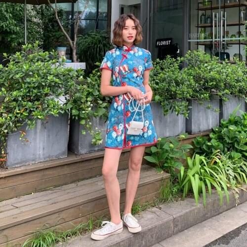 Classic Women Chinese Dress Short Silk Qipao Elegant Novelty Painted Chinese Cheongsam Summer Daily China Dress