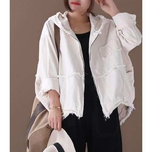 2020 Black Denim Jacket Spring Hooded Long Sleeve Solid Patchwork Zipper Vintage Coat Women Fashion Tide Autumn Vetement Femme