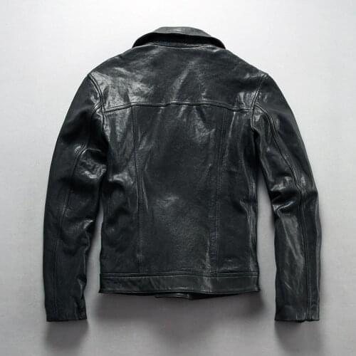 Fashion biker slim fit black pocket mortorcycle style genuine jacket men sheepskin real leather coat