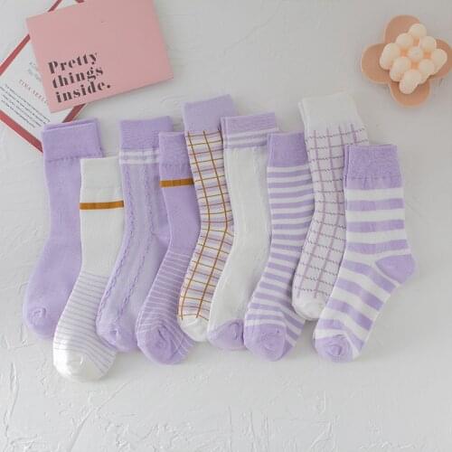 New Fashion Purple Cotton Socks Women Casual Cute Kawaii Summer Plaid Striped Socks Girl Korean Style Ins Fashion Crew Tube Sock
