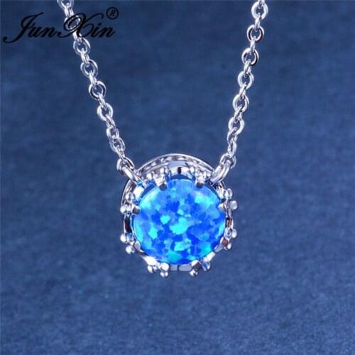 Mystic Blue White Fire Opal Necklace Round Stone Pendant Silver Color Vintage Wedding Necklaces For Women Minimalist Jewelry