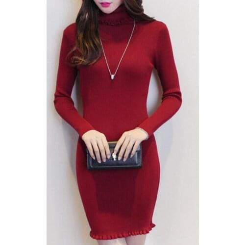 Ruffle Neck Sweater Dress Women Fashion In Style Turtleneck Knitted Tops Elastic Sexy Bodycon Pullovers Solid Sweater Dress
