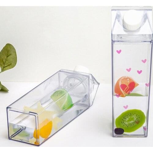 Creative Cute Plastic Clear Milk Carton Water Bottle Fashion Strawberry Transparent Milk Box Juice Water Cup for Girls BPA Free