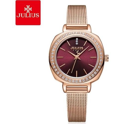 Julius Watch JA-1213 Vintage Womens Wine Red Dial Full Diamond Top Luxury Quartz Wristwatch Fashion Jewelry Watch