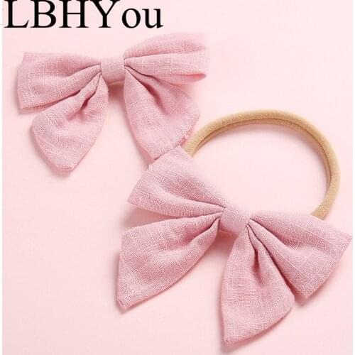 Pink Handmade Linen Bows Nylon Headbands One Size Fit Most Baby Girls Knotbows Elastic Nylon Hairbands Stretchy Soft Headwraps