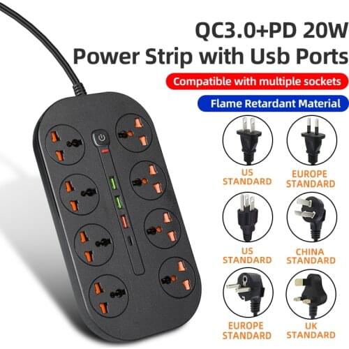 Univeral Multi Usb Charger QC3.0 PD 20W Usb Charger 3000W Outlets Power Strip With 8 AC Charger Sockets 2M Long Extension Cord