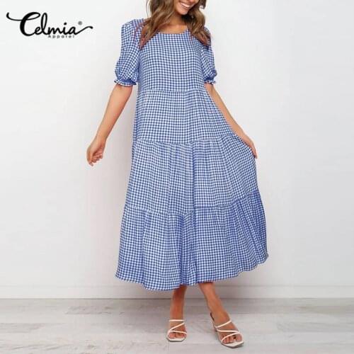Vintage Shirt Sundress Celmia Women Ruffled Plaid Dress Short Puff Sleeve Bohemian Checked Casual Loose Party Vestidos