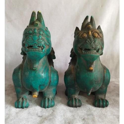 High: 16 CM/6 INCH!!! Art Collection 1 Pair Chinese Old Green Stone Carving Unicorn Statue,Home decoration Stone artwork craft
