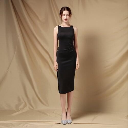 XUCTHHC Elegant Soft Satin Strap Black Cocktail Party Dress Sexy O-Neck Slit Evening Dress Womens Tea Dress